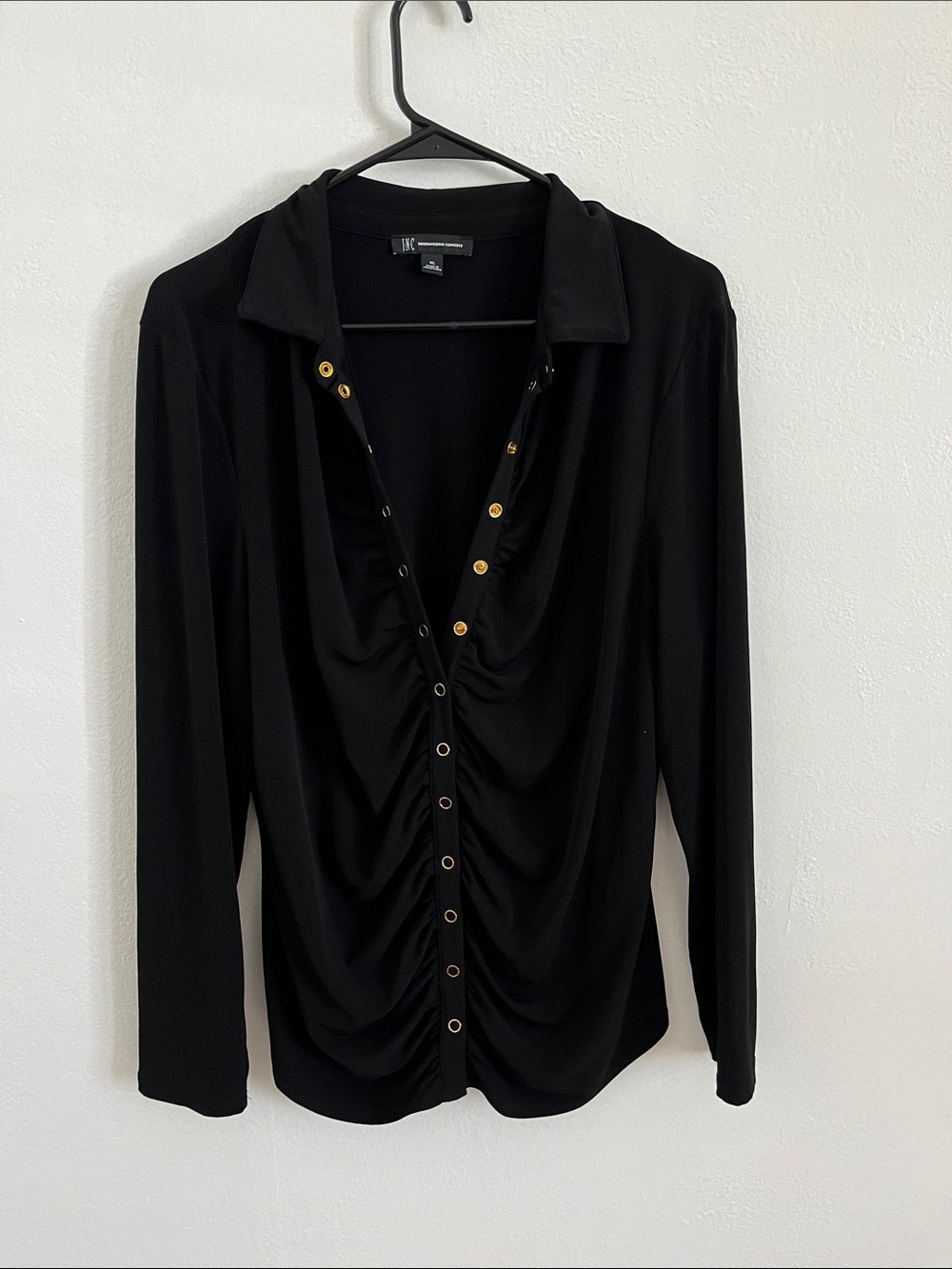 INC International Concepts Black Long-Sleeve Ruched Snap-Front Top XL